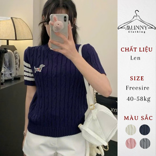 Áo len thome mongtoghi nữ cộc tay cổ tròn sọc tay họa tiết thêu cún MUNNY, Áo dáng lửng ngắn tay thêu logo chó 269