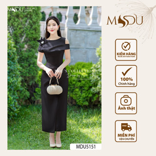  Váy Thiết Kế MDU5151 Lụa Twist Satin Đen Suông Dài Cổ Lệch Xếp Eo Vạt Vắt Chéo Sang Trọng Từ MDU 