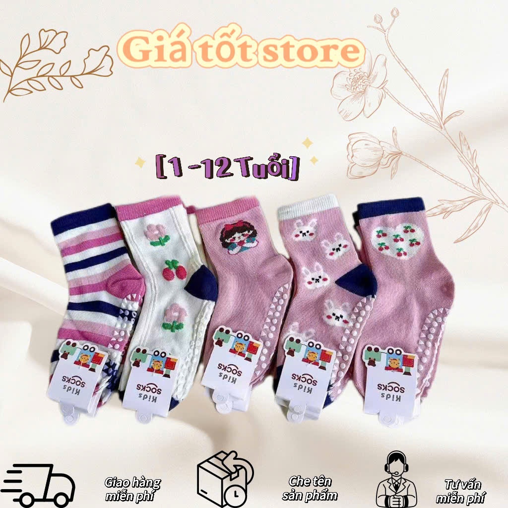 Set 5 Đôi Vớ Tất Bé Gái Tất Cổ Cao Cotton Có Chống Trượt Kèm Hoạ Tiết Cô Gái Thỏ Trắng Chery Tone Hồ