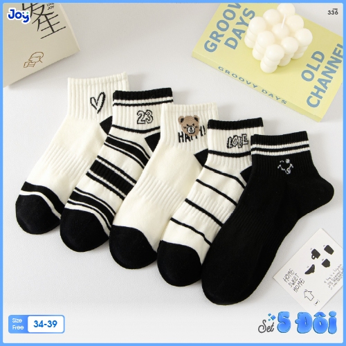 Set 5 Đôi Tất Nữ Hoa Văn Đen – Cotton Cổ Ngắn Basic Dễ Phối | Joy Shop