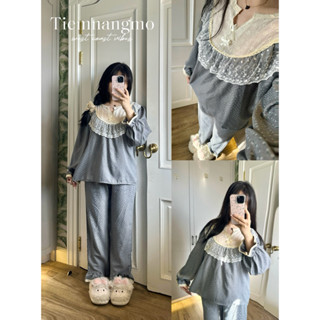 [ Hoả Tốc_HCM ](<1m7) Jolie set - Bộ ngủ nữ tiểu thư mặc nhà chất đũi vân mây phối ren tay dài quần dài xinh < 60kg