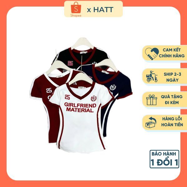 Áo Thun HATT GIRLFRIEND MATERIAL Chất Cotton Dáng Ôm Cổ Chữ V 4 Màu [ĐỎ ĐÔ, ĐEN, TÍM THAN, TRẤNG] Co