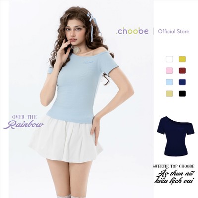 Áo phông nữ lệch vai Sweetie Top Choobe dáng ôm thắt eo áo thun cotton cộc tay phối hình thêu A145
