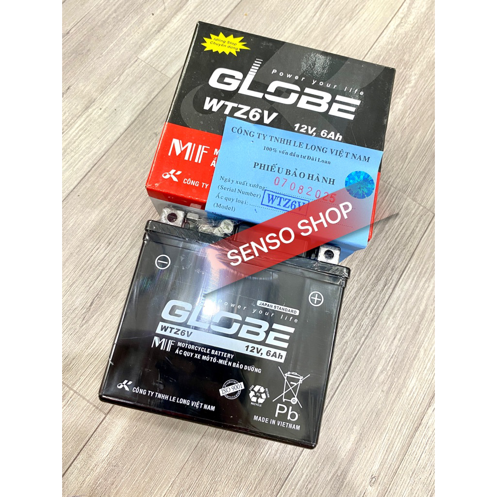 Bình Ắc Quy khô xe máy GLOBE WTZ6V (12V-6Ah) dùng cho PCX Vision Lead125,Sh Việt,Winner Air Blade