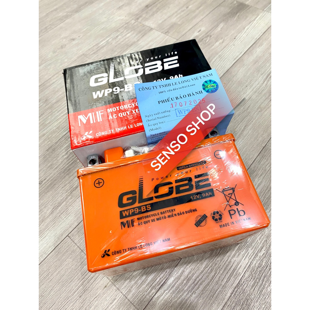 Bình Ắc Quy khô Xe Máy GLOBE WP9-BS (12V-9Ah) dành cho Honda Spacy,Kawasaki Z300/Z400, SYM Attila,.