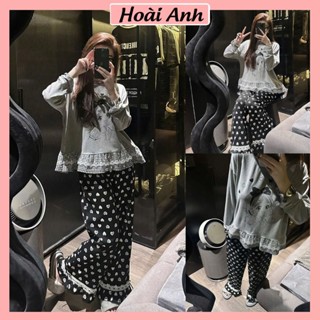 Set Bộ Đồ Nữ Áo Thun In Cô Gái Xám Đeo Nơ Phối Viền Bèo Áo Mix Quần Xuông Trái Tym Ống Loe Freesize