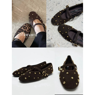  Giày nữ mùa thu mới – giày búp bê Mary Jane da lộn 2 màu nâu đen - đính đinh tán phong cách ballet đế bằng thấp 