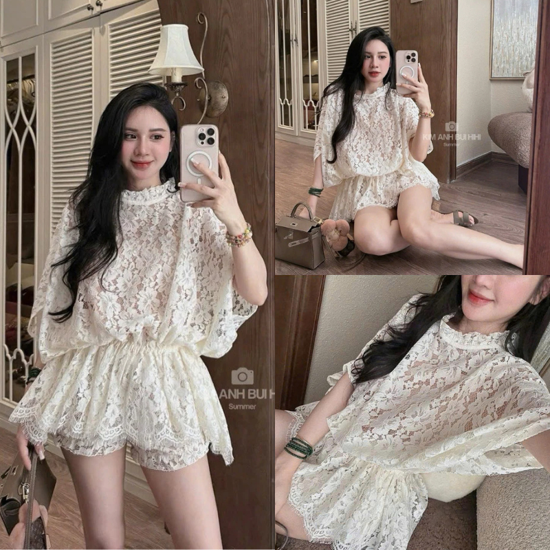   Tặng Áo Dây  Set Áo Ren Tay Dơi Chun Eo Dáng Xòe Phối Quần Đùi Sang Chảnh Siêu Xinh MS103 