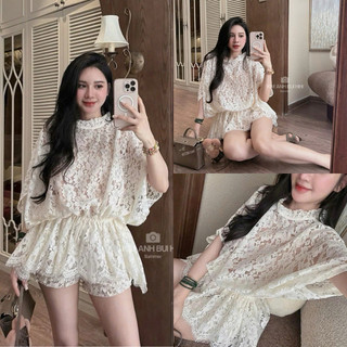   Tặng Áo Dây  Set Áo Ren Tay Dơi Chun Eo Dáng Xòe Phối Quần Đùi Sang Chảnh Siêu Xinh MS103 