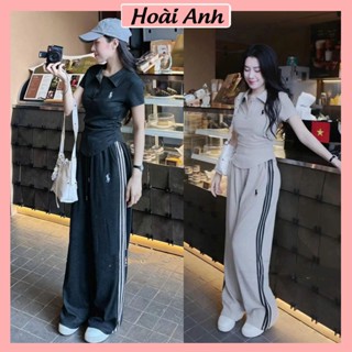 Set Bộ Đồ Nữ Len Lông Thỏ Áo Polo Thêu Ngựa Nhún Rúm Eo Ngắn Tay Mix Quần Suông Dài Ống Rộng