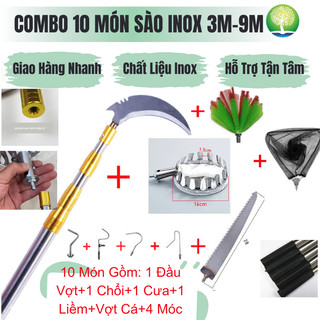 Bộ dụng cụ gậy sào kim loại rút gọn 3-9m rút gọn 9 món phụ kiện gồm liềm,chổi,đầu vợt,cưa,lưới vớt cá,4 loại móc