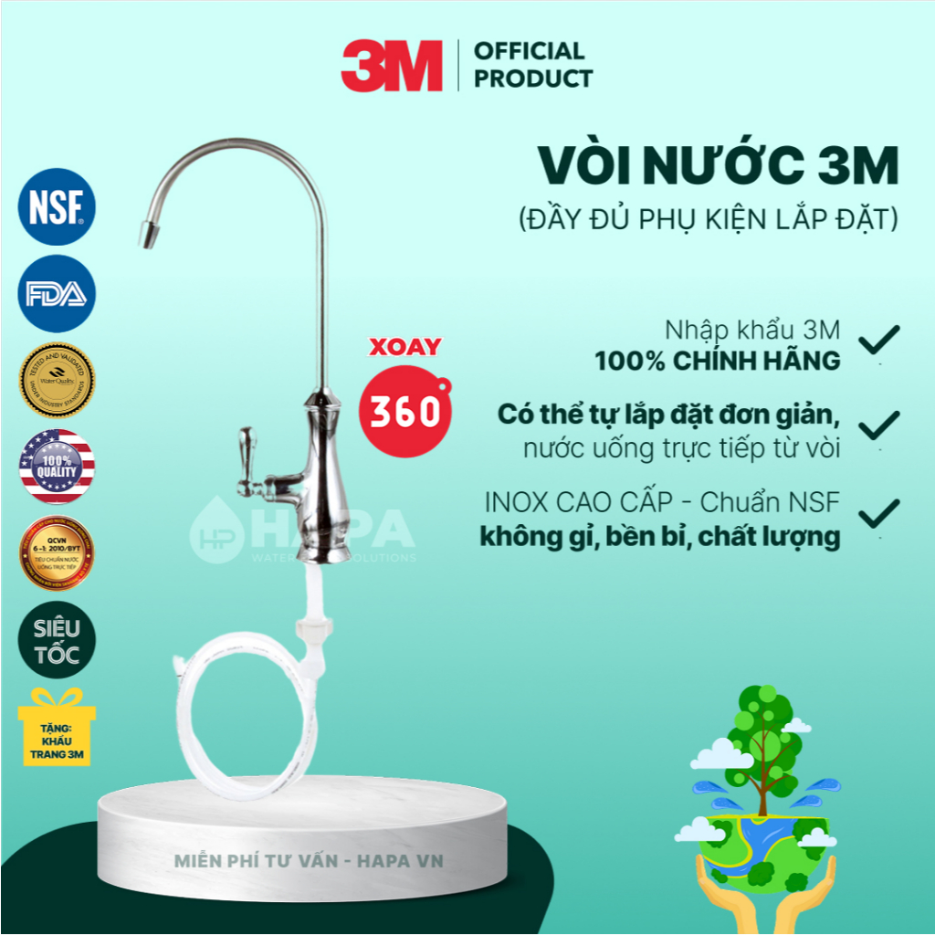 Vòi Nước Uống 3M Cao Cấp, Đầy Đủ Phụ Kiện, Có thể tự lắp đặt đơn giản - Hàng Chính Hãng 3M