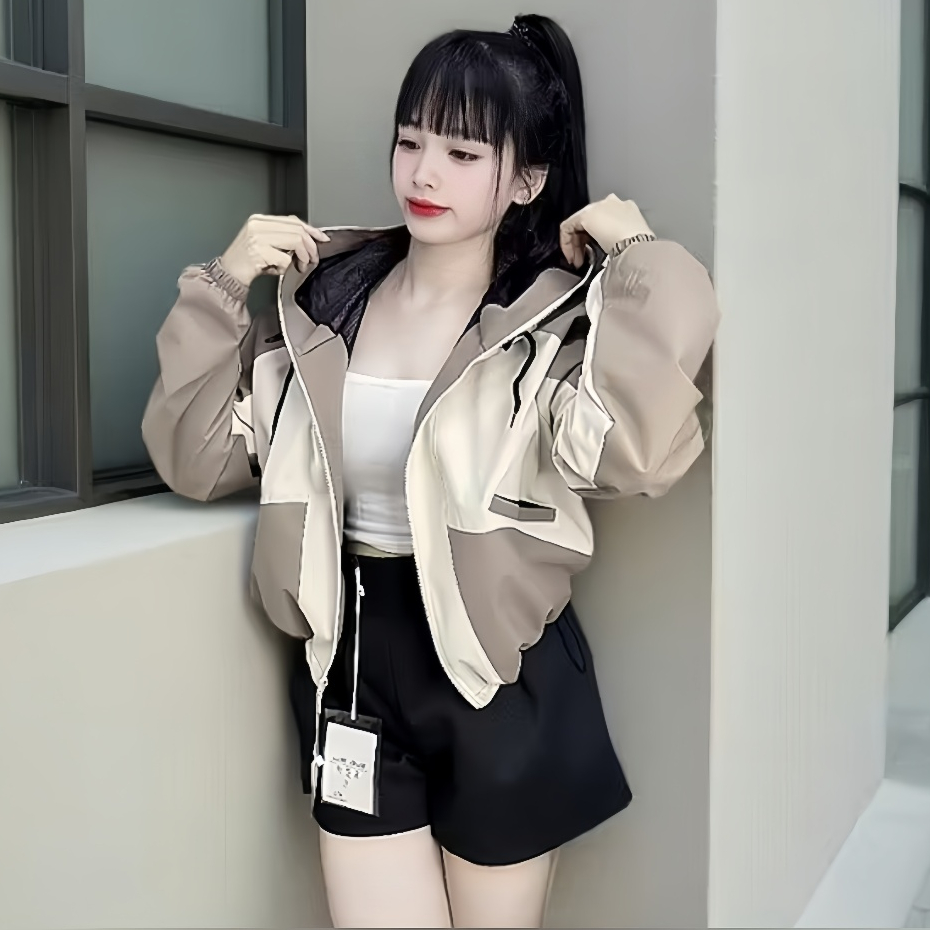 Áo Gió Nữ 2 Lớp Lót Lụa Dáng Ngắn Crtop Rộng Ngang Túi Có Khoá Kéo-Freesize ( Dưới 58kg -Áo Dài 48cm)-Có Túi Trong