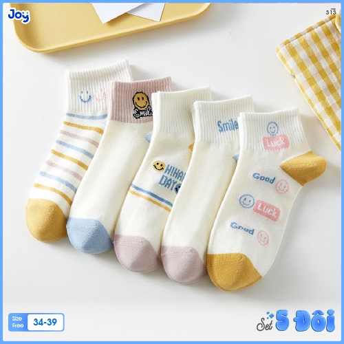 Set 5 Đôi Tất Nữ Cổ Ngắn Mặt Cười – Cotton Mềm, Màu Pastel Dễ Thương | Joy Shop