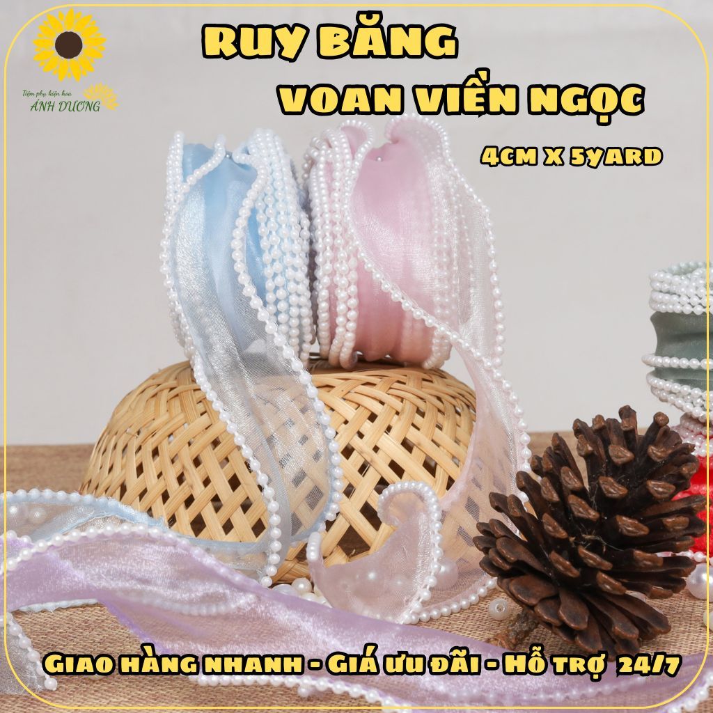 Ruy Băng Trang Trí Voan Viền Ngọc 4cm x 5yard