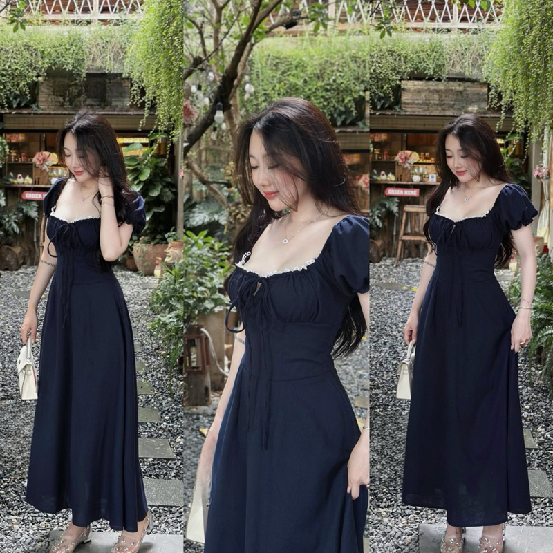 Sét Váy Nữ Xinh Váy Cổ Vuông Viền Bèo Dáng Dài