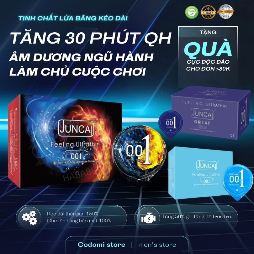 Bao cao su Siêu mỏng JUNCAI 001 tinh chất Lửa băng kéo dài quan hệ Nhiều gel Hộp 10 bcs size 52mm