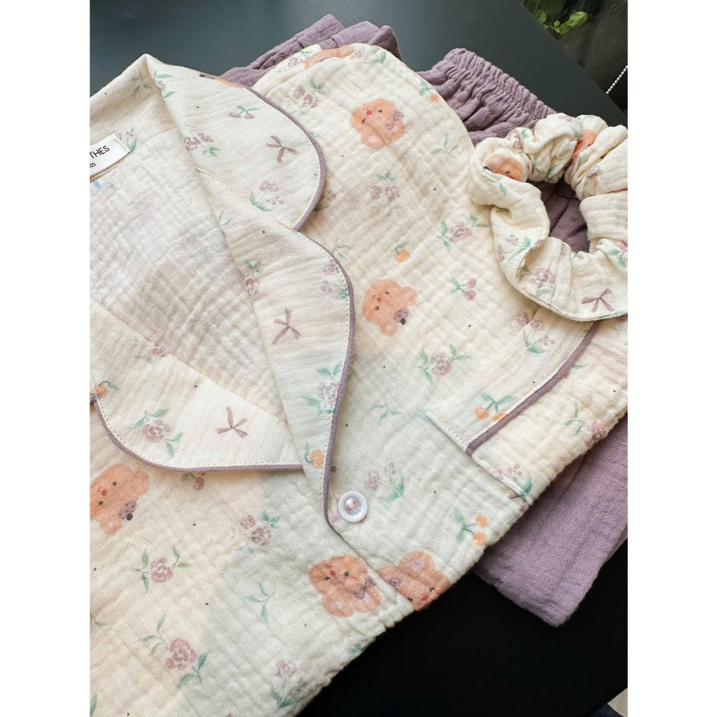 [Feliz.Clothes] Pyjama xô muslin gấu nơ tím xinh xắn