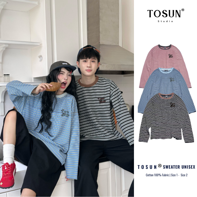 Áo Sweater Kẻ Thêu 𝐓𝐎𝐒𝐔𝐍 Form Rộng Unisex Áo Dài Tay Nam Nữ Cổ Tròn S41
