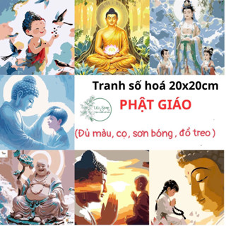   Tặng sơn bóng  Tranh tô màu theo số DIY khổ 20x20cm có khung- Tranh Phật 