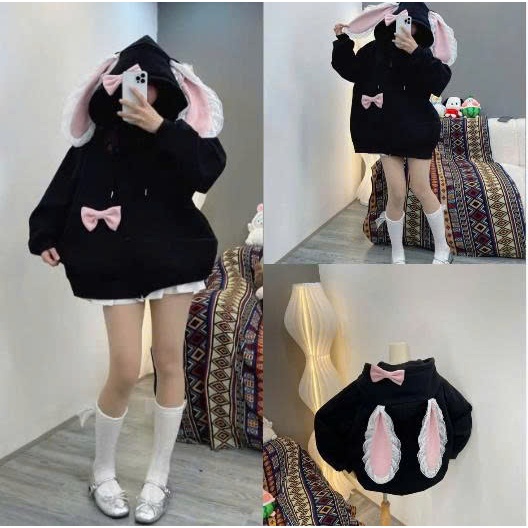Áo Khoác Nỉ Unisex TAI THỎ HỒNG SIU CUTE KÈM NƠ CÀI Có Mũ Form Rộng--- Nam Nữ
