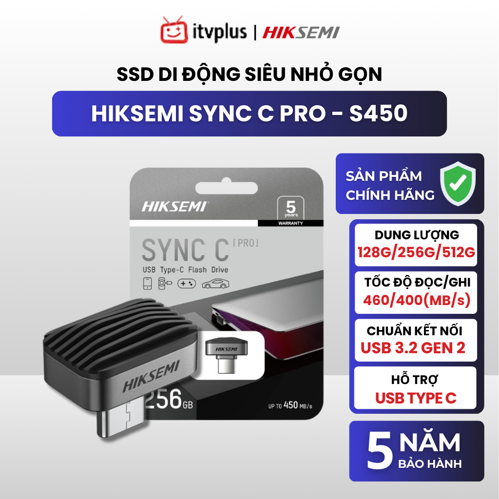 SSD Di động siêu nhỏ gọn Hiksemi Sync C PRO S450 - 460/400MB/s. BH chính hãng 5 năm.
