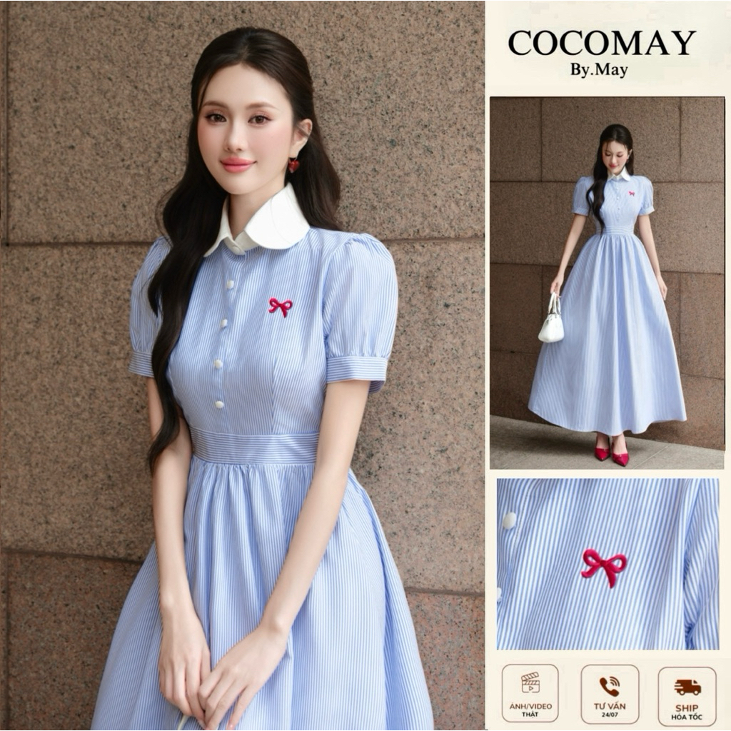  COCOMAY Đầm Blueberry Bow cổ sơ mi trắng kẻ sọc xanh nút bọc  Đầm nữ ứng dụng đi học đi làm đi chơi 