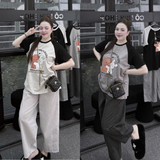 Set bộ raplan tay ngắn quần dài áo in hoạt hình dễ thương phối quần kẻ sọc chất lênin, có size đến 80kg dành cho nữ