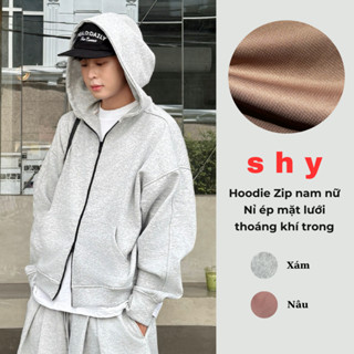  Áo Khoác Hoodie Zip Unisex Xám Nâu Shy Basic - Vải Nỉ Ép Thoáng Khí Khoá 2 Đầu Boxy Chống Nắng 