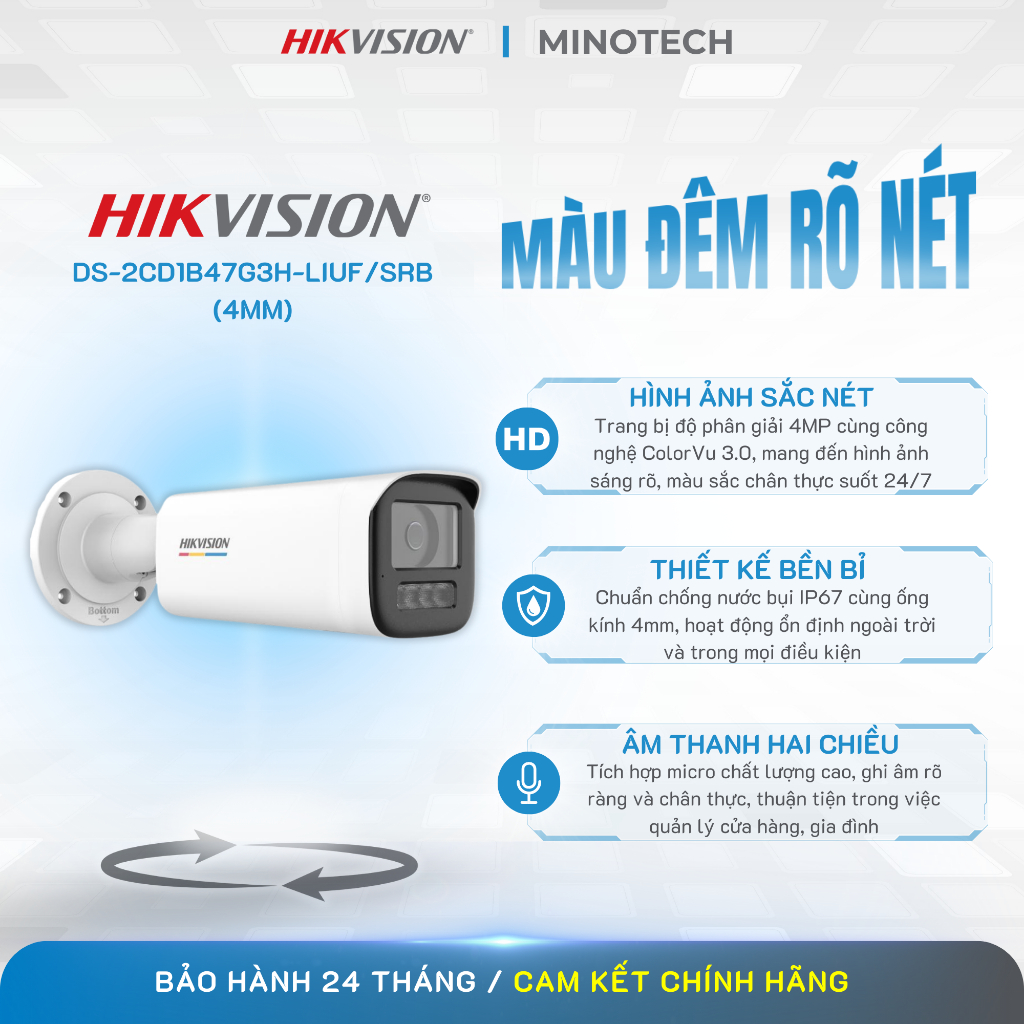 Camera Hikvision ColorVu 3.0 thân trụ cực to ngoài trời 4MP Hikvision DS-2CD1B47G3H-LIUF/SRB (4mm)