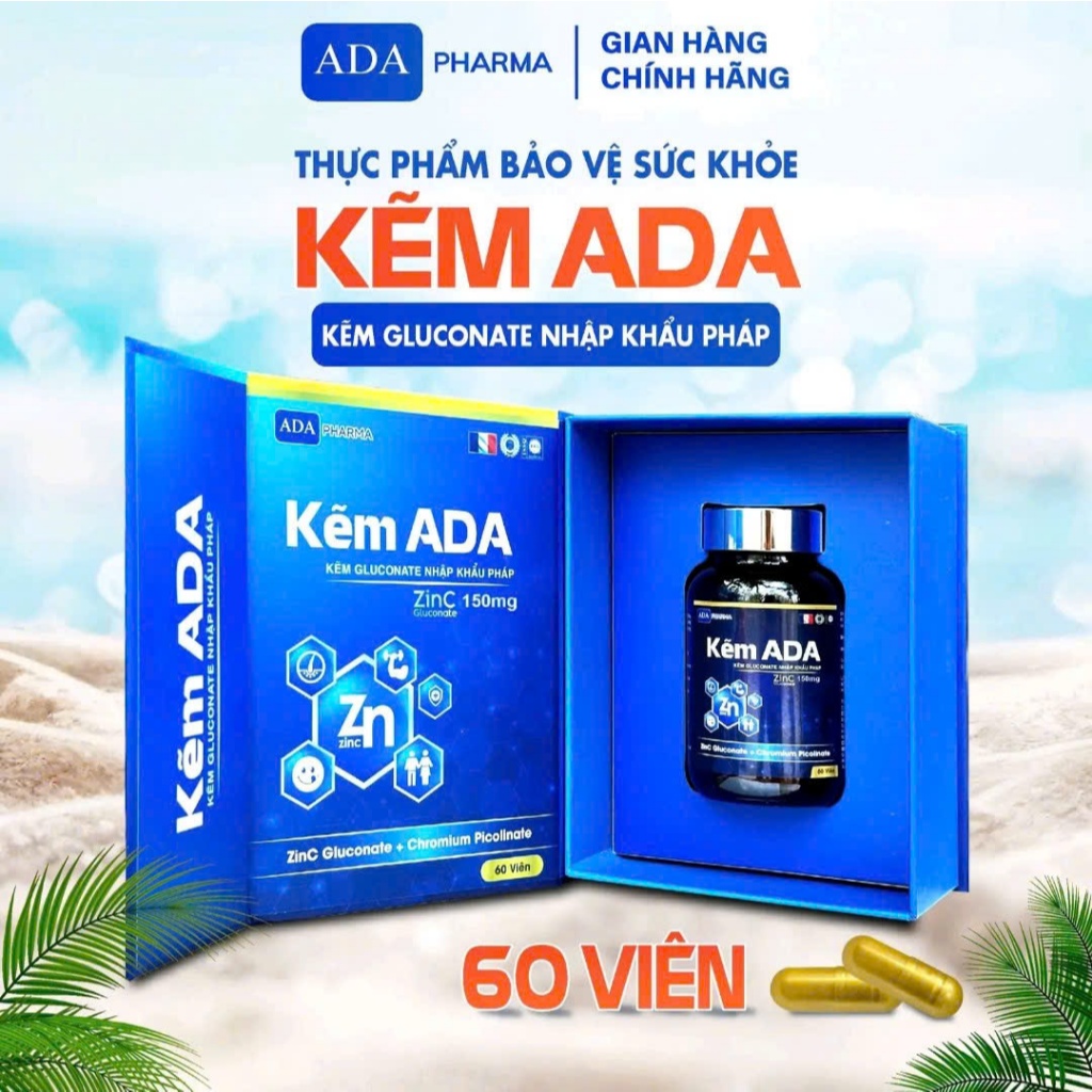 Kẽm ADA 150mg Gluconate Nhập Khẩu Pháp - Hộp Lớn 60 Viên - Tăng Sức Đề Kháng,Tăng Cường Sinh Lực Nam