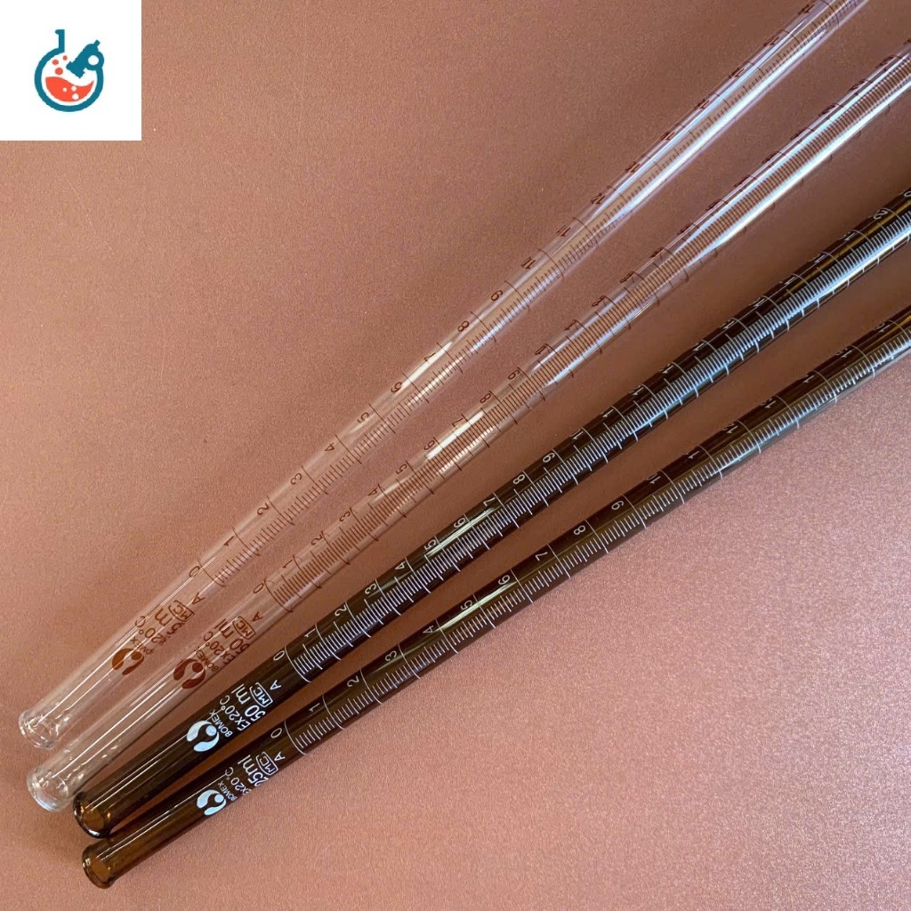 BURET thủy tinh chuẩn độ nâu, trắng 25ml 50ml khóa PTFE BOMEX