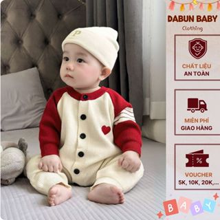   Sẵn Kèm Mũ  Body Len Dài Tay Ấm Áp Màu Đỏ Đô Phối Hình Thêu Trái Tim Cho Bé Từ 4-10kg 