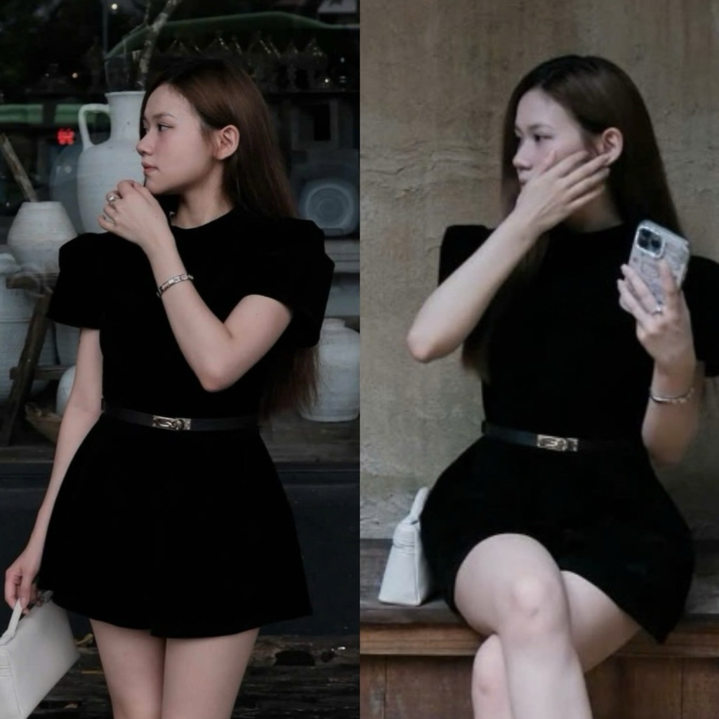 [Kèm đai] Jump nhung đen form cộc đùi mix đai belt cổ tàu sang chảnh lịch sự