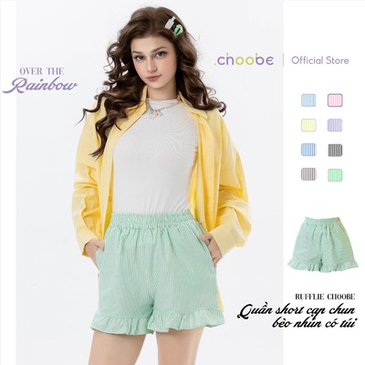 Quần đùi nữ Rufflife Choobe vải kẻ sọc Oxford short cạp chun ống rộng bèo nhún có túi bên QSM02
