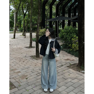   Steezy  Áo khoác bò denim phối cổ kẻ caro dáng lửng form vừa denim jacket thu đông cho nữ - KJ1504 