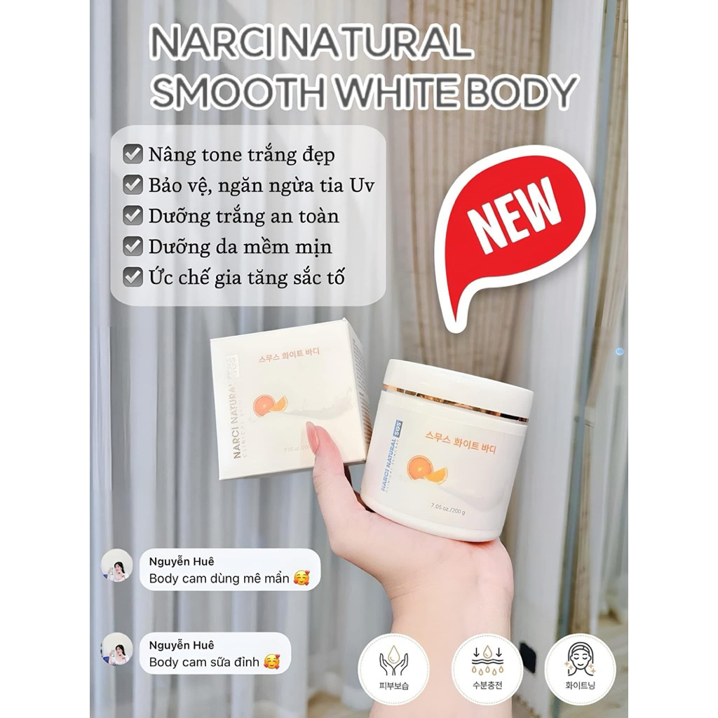 2-5 lọ Kem body Narci Natural smooth white body giúp dưỡng trắng da,200g - hạn 2028 Hàn Quốc IS3