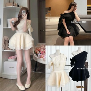 METWO. - Váy tơ voan nhăn bèo 3 tầng thiết kế xoè bồng lệch trễ vai cột nơ 8 lớp chiết eo ulzzang tiểu thư Hàn Quốc