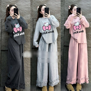 Set Bộ Quần Suông Bèo Hello Kitty Áo Tay Dài Bo Tay- HN CLOSET