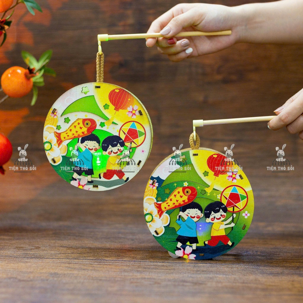 [Hỏa Tốc] Đèn Lồng Trung Thu 3D In Màu Bằng Gỗ Cho Bé - Lồng Đèn Tặng Kèm Đèn Nháy, Que Cầm, Lồng Đèn Thỏ Sồi