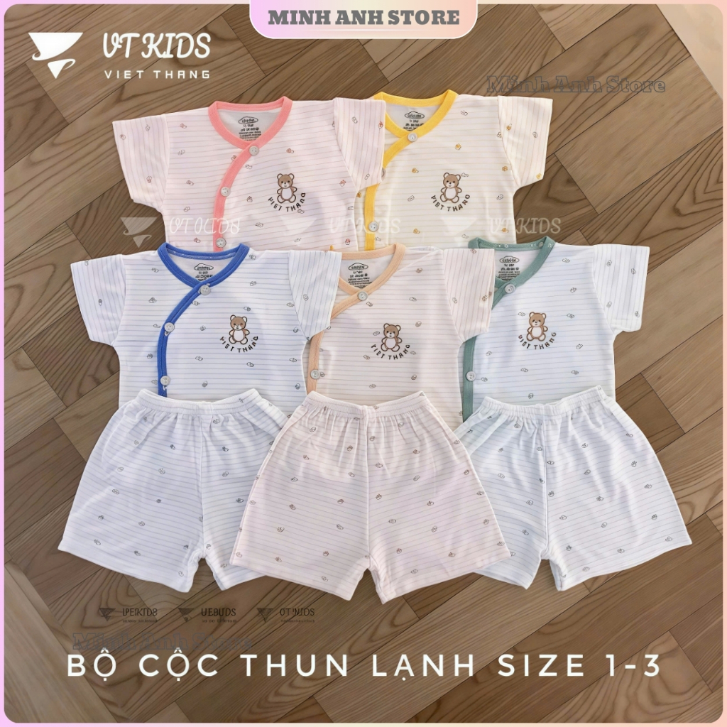 [Combo 3-5] Bộ quần áo cộc tay VT cho bé vải petit kẻ hình in gấu size từ 3-9kg CLK01