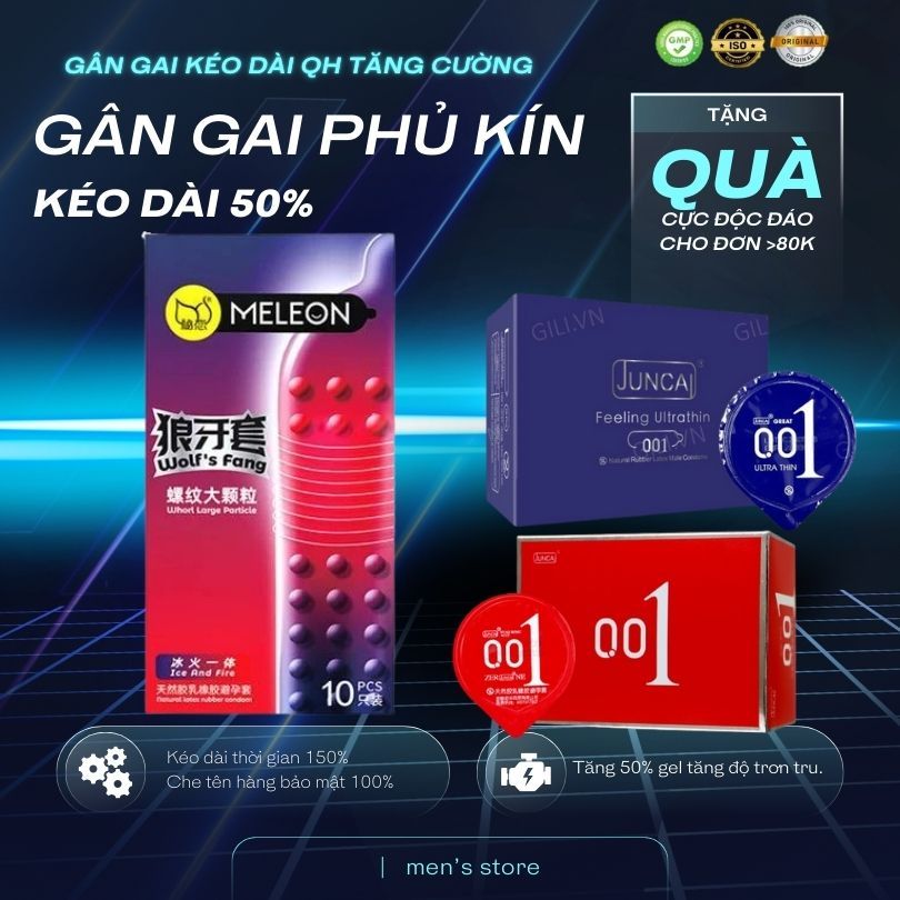 Bao cao su gai hạt nổi lớn dọc thân Meleon Wolf`s Fang 3D kéo dài thời gian, điểm nổi hộp 12 cái