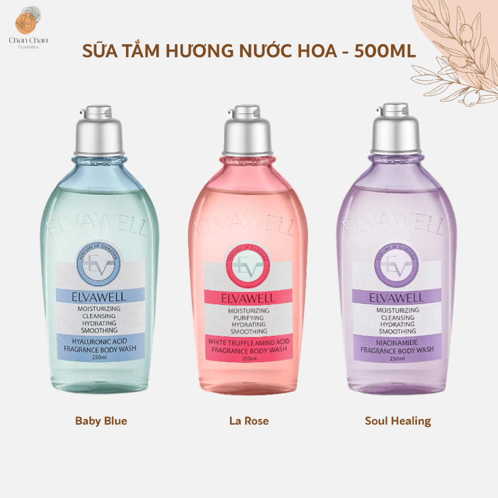 Sữa tắm nước hoa Elvawell - 250ml, sữa tắm dưỡng trắng da, không nhờn dính