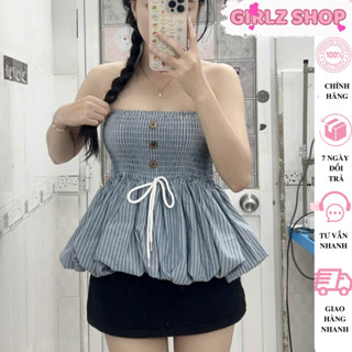 Áo Cúp Ngực Nữ Dáng Xòe Phối Dây Rút Eo Nữ Tính Áo Ống Nhún Ngực Phối Nút Chất Linen Dày Dặn -GirlZ Shop-CN3 