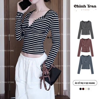 [MỞ BÁN] Áo Thun Nữ Cổ Trụ Sẻ V Tay Dài Kẻ Sọc Ngang Basic Sexy - Chinh Trần Store