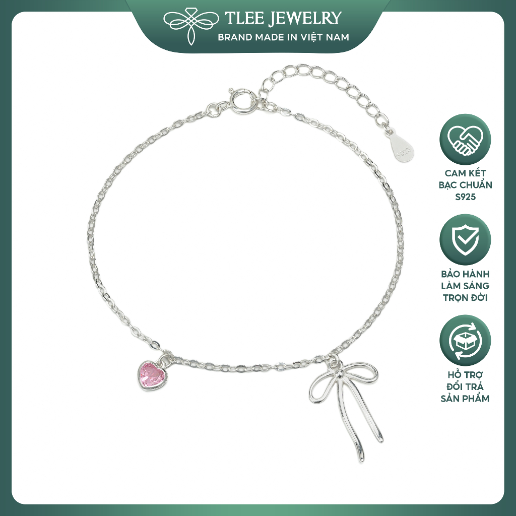 Lắc tay bạc nữ TLEE treo charm nơ thắt và trái tim đá hồng
