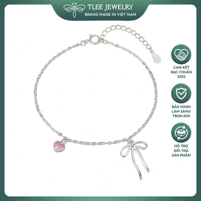 Lắc tay bạc nữ TLEE treo Charm nơ thắt và trái tim đá hồng xinh xắn, nữ tính TLEE JEWELRY LT0482