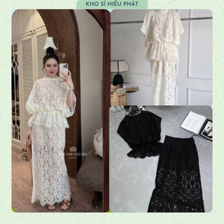 (Có size dưới 70 kg) Set áo ren tay dơi phối chân váy midi dài cùng tông 2 màu sang chảnh