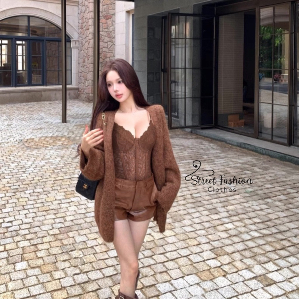 Set bodysuit nâu tây ren sexy + quần short da bóng + áo khoác cadigan mỏng nâu tây thời trang trẻ tr