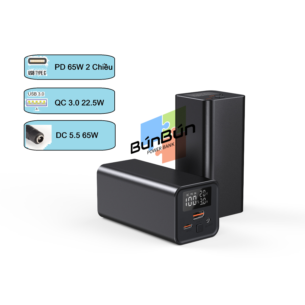 Box sạc dự phòng vỏ nhôm 65w thế hệ mới 4 cell pin 21700 cho laptop,macbook điện thoại PD 65w tích h